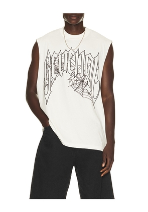 Revenge Web Cross Cut Off Tee in White. Size S. Also in M, L, XL/1X.