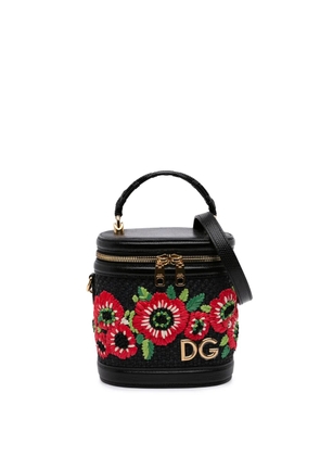 Dolce & Gabbana Pre-Owned 2010-2026 Floral Embroidered Raffia and Lizard Embossed Calfskin DG Girls Vanity Bag satchel - Black