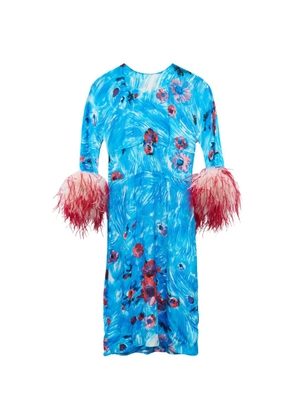 Prada Pre-Owned 2017 feather-trim floral-print midi dress - Blue