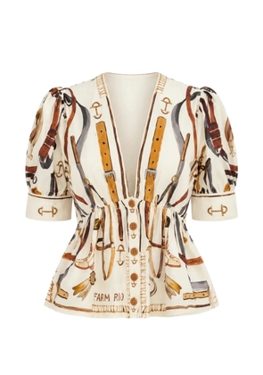 FARM Rio equestrian-print puff-sleeve blouse - Neutrals