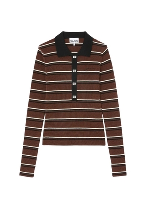 GANNI striped button-embellished polo shirt - Brown