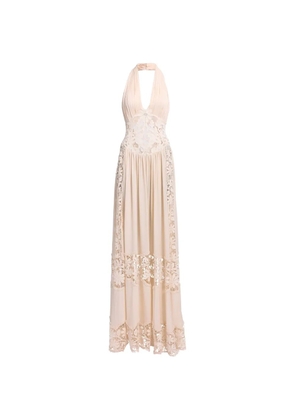 Elie Saab macramé-panel halter-neck maxi dress - Neutrals