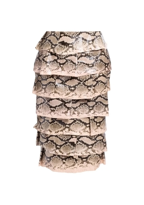 Elie Saab python-effect tiered midi skirt - Neutrals