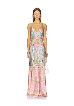 Camilla V Neck Full Length Bias Slip Dress in Multi. Size L. Also in S, M.