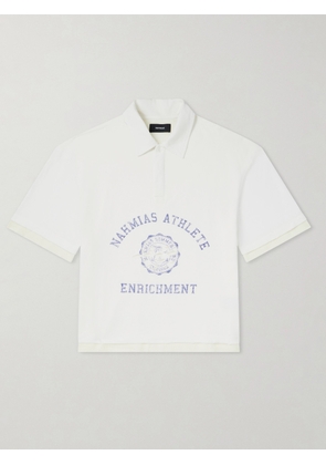 NAHMIAS - Destroyed Logo-Print Pointelle-Knit Cotton Polo Shirt - Men - White - XS
