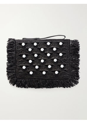 RABANNE - Fringed Studded Raffia Clutch - Black - One size