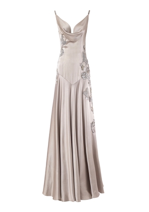 La Fuori Hibiscus Red Embellished Silk Satin Bias Gown - Moda Operandi