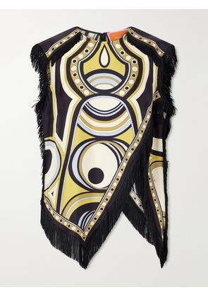 La DoubleJ - Fringed Asymmetric Printed Silk-twill Top - Black - IT36,IT38,IT40,IT42,IT44,IT46