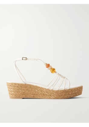 Jimmy Choo - Lemi 50 Bead-embellished Leather Wedge Sandals - Neutrals - IT35,IT36,IT36.5,IT37,IT37.5,IT38,IT38.5,IT39,IT39.5,IT40,IT40.5,IT41,IT41.5,IT42