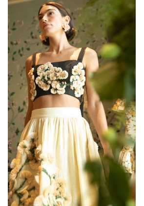 Agua by Agua Bendita Cacao Verso Floral Appliqué Linen Cropped Top - Moda Operandi