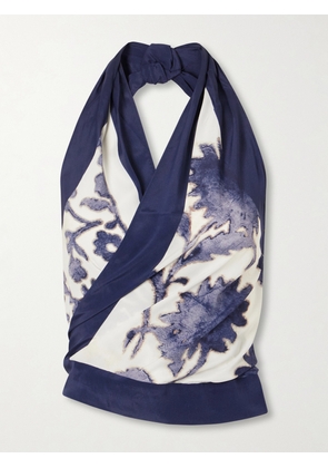 SIR. - Phillipa Printed Silk-blend Halter Tank - Blue - XS/S,M/L