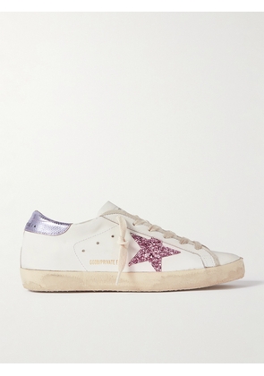 Golden Goose - Superstar Glittered Distressed Snake-effect Trimmed Leather Sneakers - White - IT35,IT36,IT37,IT38,IT39,IT40,IT41,IT42
