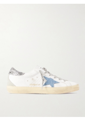 Golden Goose - Superstar Distressed Denim-trimmed Glittered Leather Sneakers - White - IT35,IT36,IT37,IT38,IT39,IT40,IT41,IT42