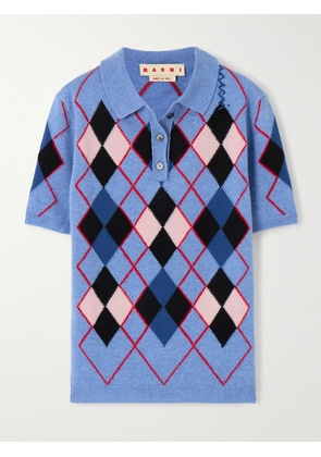 Marni - Embroidered Argyle Wool Polo Shirt - Blue - IT36,IT38,IT40,IT42,IT44,IT46