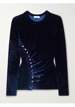 RABANNE - Ruched Embellished Velvet Top - Blue - FR 34,FR 36,FR 38,FR 40,FR 42,FR 44,FR 46