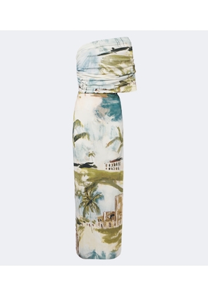 Oscar de la Renta Printed draped jersey off-shoulder maxi dress