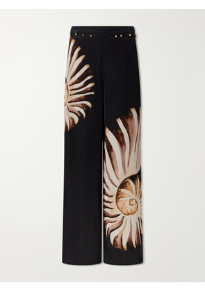 Farm Rio - Ammonite Printed Embellished Habotai Wide-leg Pants - Black - xx small,x small,small,medium,large,x large