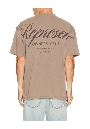 REPRESENT Owners Club Script Tee Shirt in Brown. Size S. Also in M, L, XL/1X.