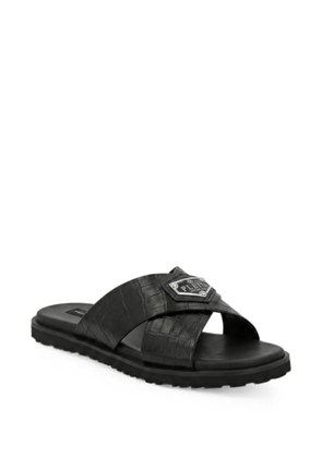 Philipp Plein leather slippers criss-cross cocco - Black