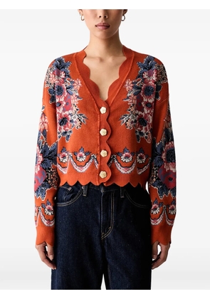 FARM Rio floral-intarsia scallop-edge cardigan - Orange