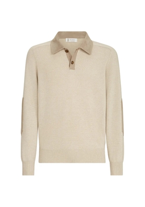 Brunello Cucinelli cashmere knit polo with suede collar - Neutrals