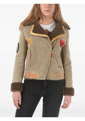 History Repeats embroidered zip-up shearling jacket - Neutrals