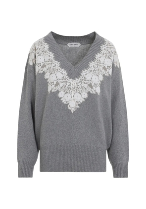 Alberta Ferretti lace-trim V-neck sweater - Grey