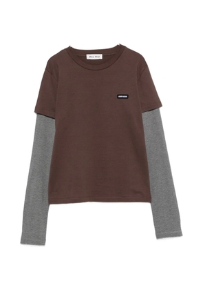 Miu Miu striped-sleeve logo-patch T-shirt - Brown