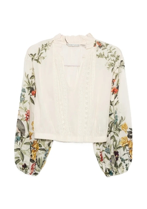 alice + olivia floral-print lace-trimmed top - White