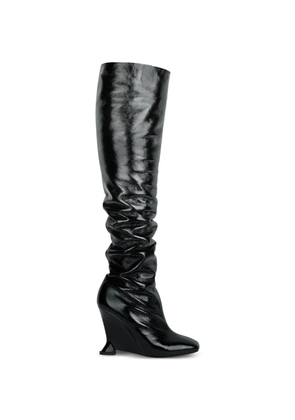 Balmain thigh-high wedge boots in crinkled patent leather - Black