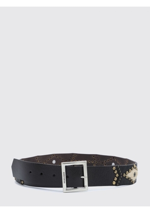 GOLDEN GOOSE Leather and Pony Hair Belt with Studs and Engraved Logo Buckle