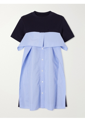 Sacai - Paneled Ruffled Cotton-jersey And Poplin Mini Dress - Blue - 1,2,3,4