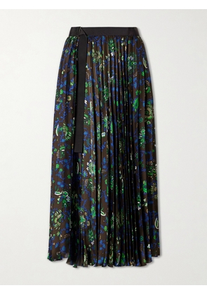 Sacai - Belted Grosgrain-trimmed Pleated Floral-print Georgette Midi Skirt - Black - 0,1,2,3,4