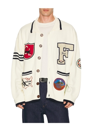Found Found York Varsity Patch Collared Cardigan in Cream. Size S. Also in M, L, XL/1X.