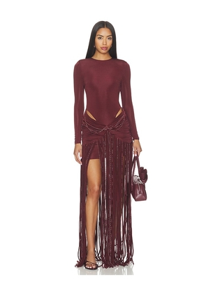 PatBO Taffeta Tarsila Fringe Maxi Dress in Brown. Size 0. Also in 2, 4, 8.