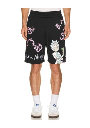 REASON Rick And Morty Fleece Shorts in Black. Size S. Also in M, L, XL/1X.