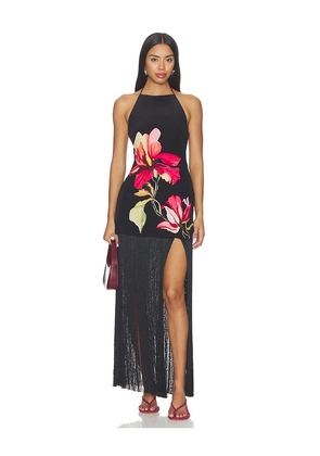 ROCOCO SAND Ruched Bias Fringed Mini Dress in Black. Size XXS. Also in XS, S, M, L, XL, XXL.