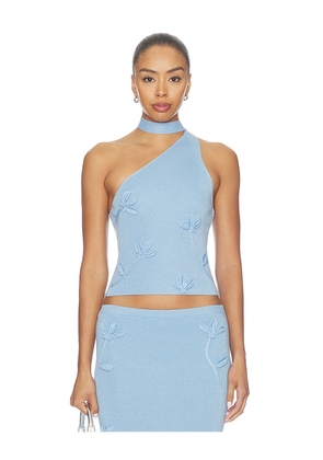 MAJORELLE Kaidyn One Shoulder Flower Embroidered Top in Blue. Size XXS. Also in XS, S, M, L, XL.