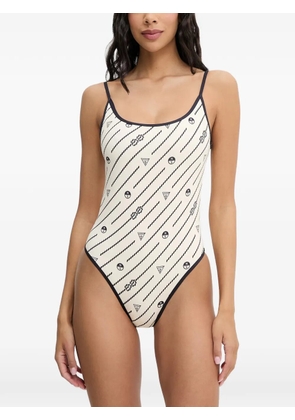 GUESS USA x North Sails rope-print logo-patch swimsuit - Neutrals