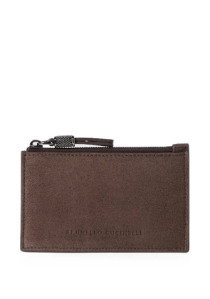 Brunello Cucinelli suede card case with shiny zipper pull - Brown