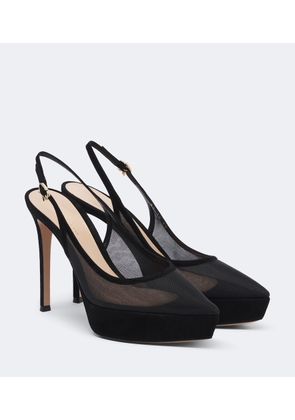 Gianvito Rossi Suede-trimmed mesh platform slingback pumps
