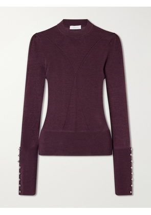 RABANNE - Ribbed Embellished Wool And Silk-blend Sweater - Burgundy - x small,small,medium,large,x large,xx large