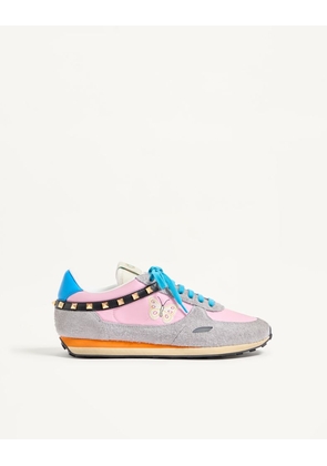 Valentino Garavani Stud Up Trainer In Split Leather And Nylon With Butterfly Embroidery Man PINK/MULTICOLOUR 39