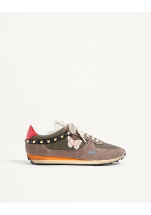 Valentino Garavani Stud Up Trainer In Split Leather And Nylon With Butterfly Embroidery Man OLIVE GREEN/MULTICOLOUR 39