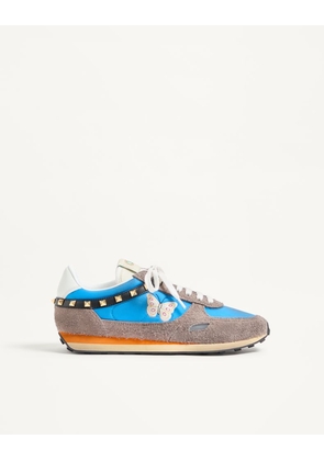 Valentino Garavani Stud Up Trainer In Split Leather And Nylon With Butterfly Embroidery Man AZURE/MULTICOLOUR 39