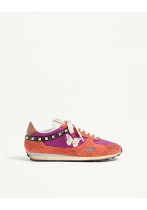 Valentino Garavani Stud Up Trainer In Split Leather And Nylon With Butterfly Embroidery Man ORANGE/PURPLE 39