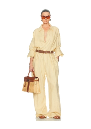 Helsa Paperbag Jumpsuit in Washed Linen in Beige. Size XXS. Also in XS, S, M, L, XL.