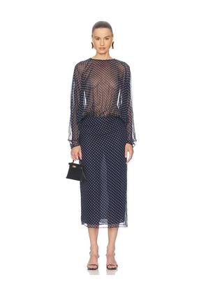 Helsa The Sabrina Midi Dress in Printed Silk Chiffon in Navy. Size XXS. Also in XS, S, M, L, XL.