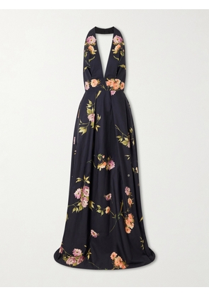 Elie Saab - Pleated Floral-print Cotton-poplin Halterneck Gown - Blue - FR 34,FR 36,FR 38,FR 40,FR 42,FR 44
