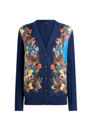 ETRO cardigan in wool and silk with placed Paisley and flower-print - Blue
